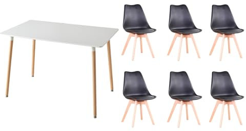 GrandCA HOME Esszimmergruppe mit 6 Stühlen, Essgruppen-Set mit 6 Esszimmerstühlen und Esstisch, für Wohnzimmer, Küche, Büro, (6 Schwarz Stühle + 1 Weiß Tisch)