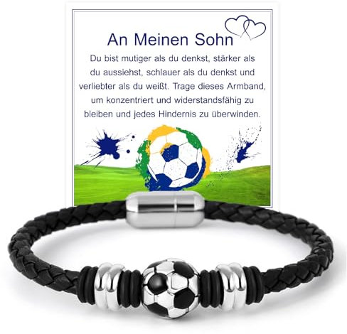 FANCIBAND Fussball Armband für Jungen, Lederarmband Geschenk für Sohn, Mutmacher von Mama Papa - Geburtstag Geschenk für Jungs