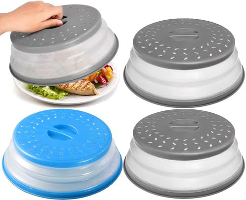 BEOIUCZZY Cubierta de Alimentos para Microondas, 3 Piezas Colador Plegable Con Orificio de Vapor, Tapa Microondas y Canasta de Filtro para Frutas y Verduras, Gris+Azul