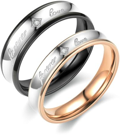 Daesar Verlobungsringe für Sie und Ihn mit Gravur, Edelstahl Ringe 4MM 6MM Forever Love mit Zirkonia Hochzeitsringe Paar Ringe Set Rosegold Schwarz Damen Gr.52 (16.6)& Herren Gr.65 (20.7)