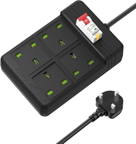 SAFEMORE RCBO Extension Lead | 4 Gang Heavy Duty Power Strip with 30mA RCD & Overload Protection | 3M Cable | for Garage, Workshop, Pool Pump | Black