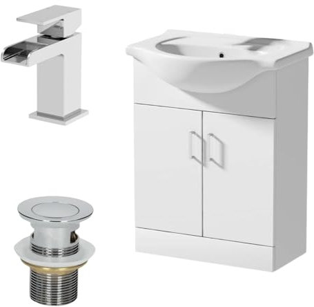 Affine® 650mm Bathroom Vanity Unit Ceramic Sink Floorstanding Storage Cabinet Cupboard & Chrome Waterfall Basin Tap & Waste Set, White Gloss