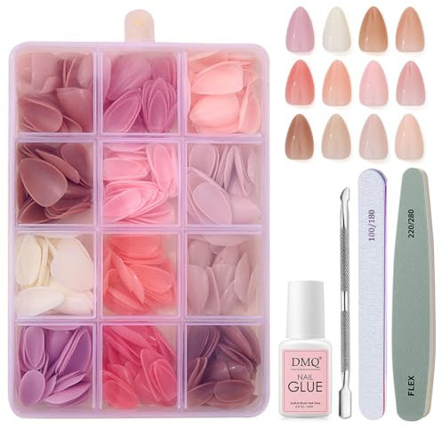 DMQ Almond False Nails with Glue Set, 360Pcs French Nude Pink Press on Nails Short - 12 Colors Glossy Fake Nails, Oval Stick on Nail Full Cover Glue On Nail for Women DIY Nail Art at Home
