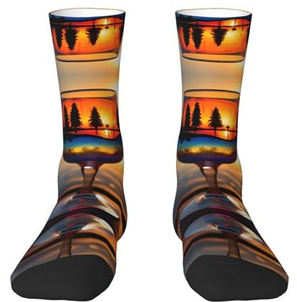 Vuoongt Chaussettes imprimées verres à vin coucher de soleil pour cadeaux, chaussettes fantaisie unisexes décontractées, blanc, taille unique