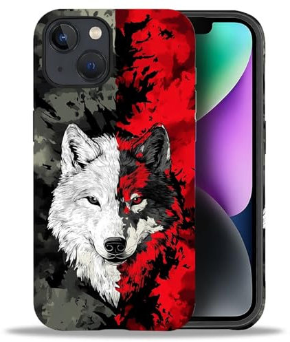 yicomon Compatible with iPhone 13/iPhone 14 Case, Red Black Wolf Pattern Print Phone Case Durable Fashion Funny Liquid Silicone Case Soft Anti-Scratch Shockproof Protective Cover
