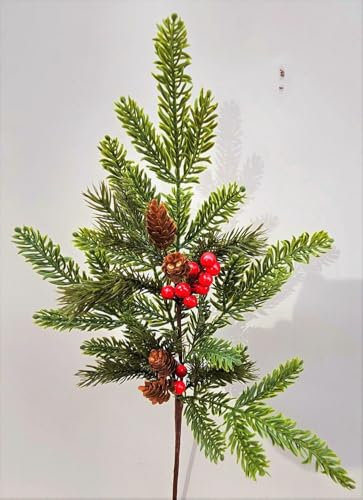 artplants.de Kunst Zweig VARDALIA, Tanne, Beeren, Zapfen, rot-grün, 75cm - Kunstgesteck