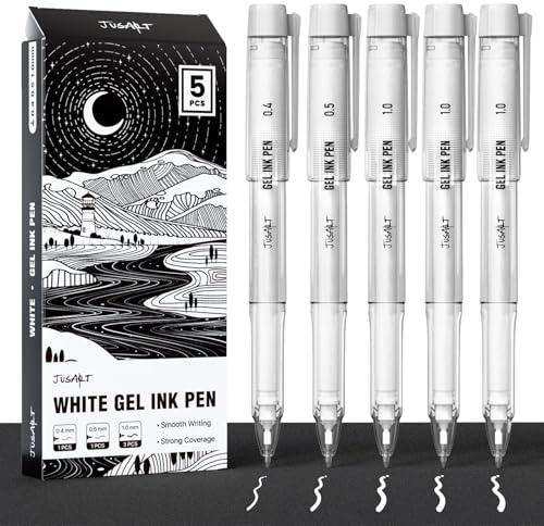 JusArt 5er-Pack Weiße-Gelstifte,Weißerstift 0,4 mm, 0,5 mm,1,0 mm Spitzen | Deckende weiße Tinte, ideal für schwarzes Papier, Zeichnen, Journaling und Bastelarbeiten