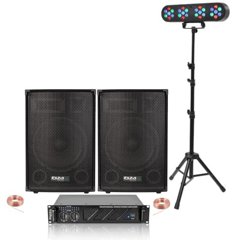 Ibiza – Pack de 2 altavoces pasivos 2 x 700 W – Amplificador 2 x 600 W – Pie pórtico juegos luces 4 proyectores por – Boda Cumpleaños DJ