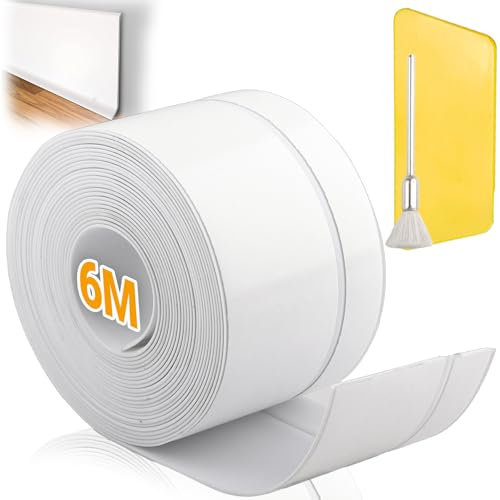 YnewL Nastro Sigillante Impermeabile, 6m Battiscopa in PVC, 50 x 20 Mm Battiscopa con Spatola e Pennello Battiscopa Adesivo Adatto per Cucine, Bagni e Mobili(Bianco)