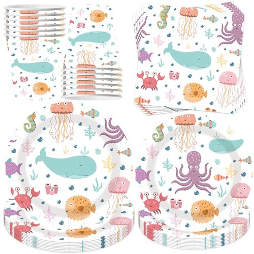 Set di 50 stoviglie per feste di compleanno per bambini, set di stoviglie per feste di compleanno, decorazione per bambini con piatti, tovaglioli, stoviglie per feste per 10 ospiti