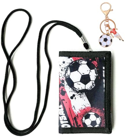 KASESSS Brustbeutel Kinder, Cartoon Fußball Geldbeutel Kinder, Portemonnaie Jungen mit Umhängeband, Fußball Motiv Kindergeldbeutel Jungs, kinderportmonee Jungen mit Schlüsselanhänger