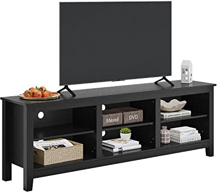 Panana Modern TV Unit Cabinet for TVs up to 85”, Wooden TV Stand Console Table with 6 Open Storage Shelves, Media Entertainment Center for Living Room (Black)