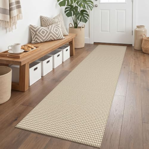 KOZYFLY Läufer für Flure 2x6 Fuß Waschbarer Küchenläufer Rutschfester Gummiunterseite Hallenläufer Baumwoll-Eingangsläufer Teppiche Bodenteppich für Innen Rückseite Schlafzimmer Küche, Elfenbein/Khaki