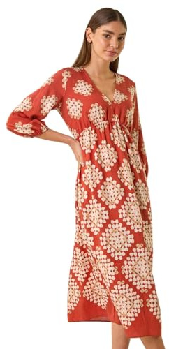 Roman Women Shirred Waist Dress Ladies Spring Everyday Summer Holiday V-Neckline Comfy 3/4 Sleeve Soft Tassle Detail Frock Vacation Gowns Chiffon Maxi Midi Wrap - Rust - Size 10