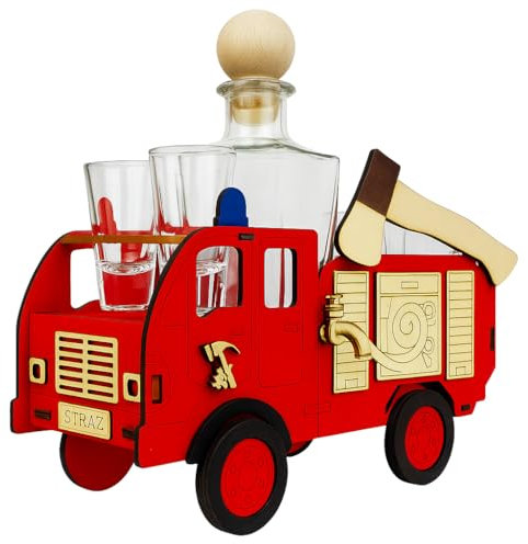 Feuerwehrauto mit Karaffe & 6 Gläsern – Geschenk für Männer | Holz-Deko für Alkohol | Schnapsbar im Feuerwehr-Stil | Geburtstag, Vatertag, Papa