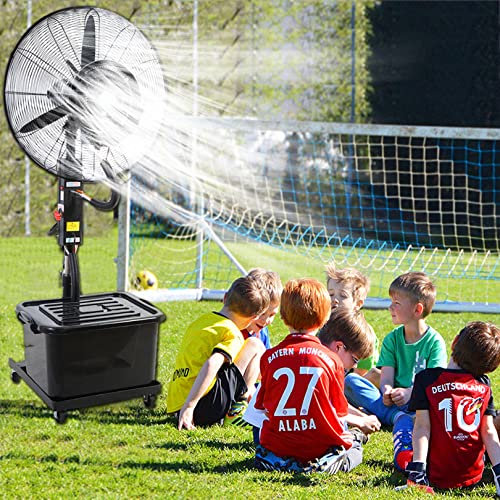 Ventilador industrial de pulverización, humidificador y refrescante, con pedestal oscilante de 90° y nebulizador, para exteriores, tanque de 9 galones, 3 configuraciones de potencia, altura ajustable