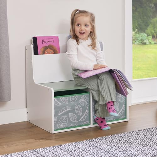 Liberty House Toys Kids Teddy Bear Bookcase, H60 x W61.5 x D50cm, White & Green | Wooden, Includes 2 Fabric Bins, , White & Green, H60 x W61.5 x D50cm