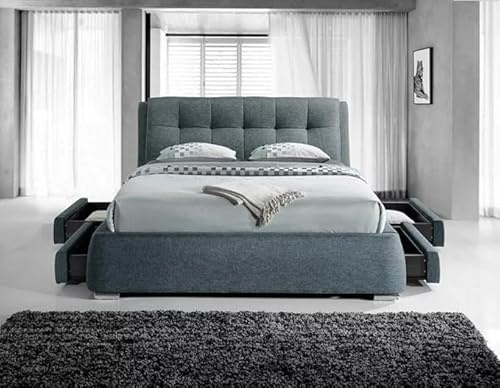 Signature Sleigh Fabric 4 Drawer Storage Bed with Button Headboard - Available in Grey, Blue or Pink - Double or King Size (King (U.K. Standard))
