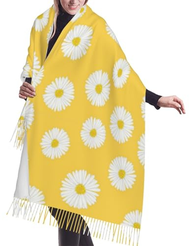 HDTVTV Schal mit Quasten aus Kunstkaschmir, geeignet für Frühling, Herbst und Winter, warm und weich, auch als Decke verwendbar. Farben: Weiß, Aster, Gänseblümchen, Gelb.