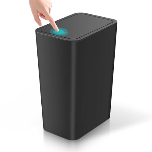 Slim Bathroom Bin with Lid, 10L Bedroom Bin with Pop-Up Push-Button Lid Small Thin Plastic Bins, Narrow Trash Can Anti-Odour Pet Proof Waste Basket for Toilet,Kitchen,Living Room,Office