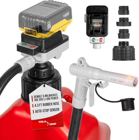 TERA PUMP Cordless Battery Powered Liquid Transfer Pump (4.0 GPM) | Automatic Shutoff, Compatible with DeWalt 20V & Milwaukee 18V Batteries, 51 Heavy-Duty Rubber Hose, Includes 4 Adapters