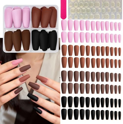 Matte Textured 96-PCS Almond Press On Nails in 4 Solid Colours - Artificial Nail Stickers with Tools for Women, Home DIY Wearable Press-On Design Kit with Storage Box