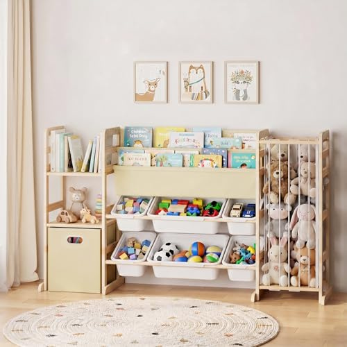 HAVLOTII Kids Toy Storage Unit with Toy Box Storage, Kids Bookshelf | 7 Toy Bins, Front-Facing Book Display, Fabric Box, Plush Storage