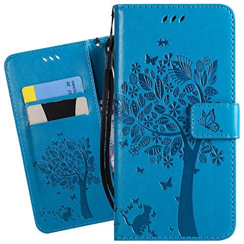 Ougger Etui pour Huawei P Smart 2019 Etui Cuir Portefeuille Magnétique Protecteur Pochette Bumper Silicone Flip Cover Coque pour Huawei P Smart 2019 avec Porte-Cartes Crédit, Chat & Arbre (Bleu)