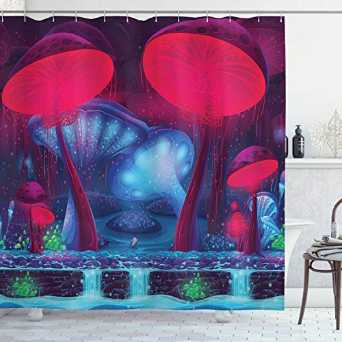 ABAKUHAUS Pilze Duschvorhang, Pilze Leuchtende Farben, Stoffliches Gewebe Badezimmerdekorationsset mit Haken, 175 x 220 cm, Blau Rot