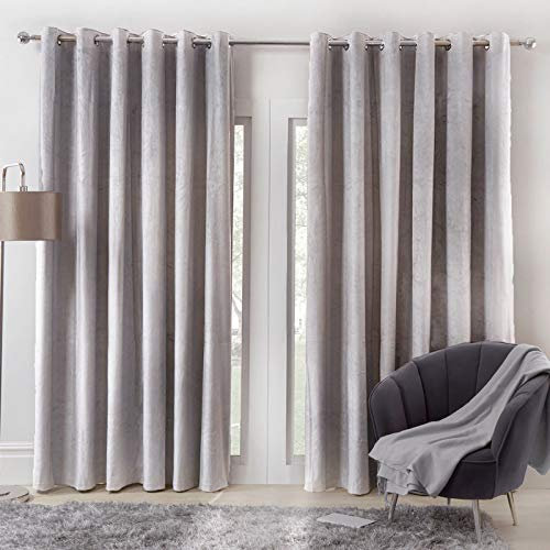 Sienna Capri Matte Velvet Eyelet Curtains Ring Top Pair of Fully Lined Super Soft - Silver Grey, 90 wide x 90 drop