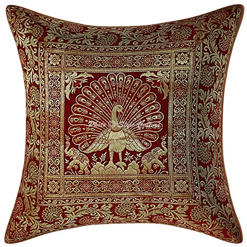 Stylo Culture Ethnisch Dekorativ Brokat Seide Sofa Kissenbezüge 40x40 cm Kastanienbraun Dekokissen Jacquard Wohnzimmer Couch Kissenhülle Pfau Quadrat Reißverschluss 16x16 Inch Kissen Bezüge - 1 STK.