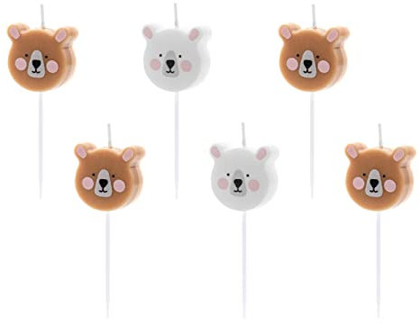 PartyDeco Teddy Bear Birthday Candles - Set of 6 Cute Wax Cake Toppers for Kids | Brown & White | Animal Party & Birthday Cake Decoration
