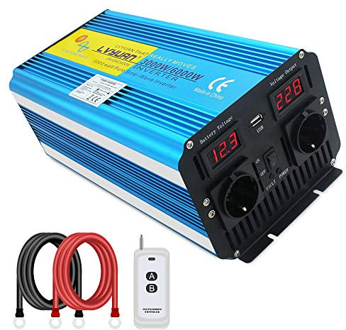 3000W KFZ Reiner Sinus Spannungswandler - Auto Wechselrichter 12v auf 230v Umwandler - Inverter Konverter mit 2 EU Steckdose und USB-Port - Fernsteuerung - Spitzenleistung 6000 Watt
