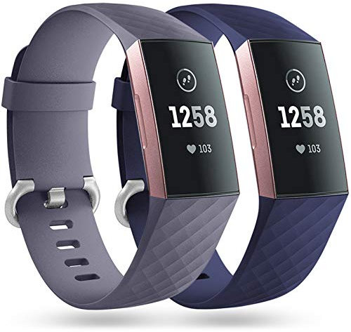 Faliogo 2 Stück Ersatzriemen Kompatibel mit Fitbit Charge 3 Armband/Fitbit Charge 4 Armband, Weiches Sports Uhrenarmband Armbänder für Damen Männer, Klein, Blau Grau/Blau