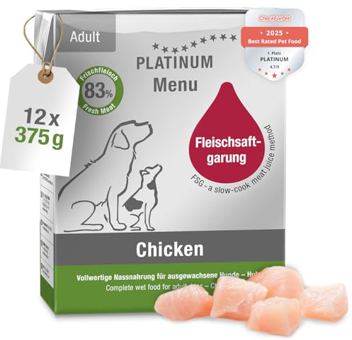 PLATINUM - Nassfutter für Hunde Menu Adult Chicken aus FSG - 12x 375g | Zubereitet aus Frischfleisch für kleine & große Hunde - glutenfrei - nährstoffreich - leicht verdaulich - in DE geprüft