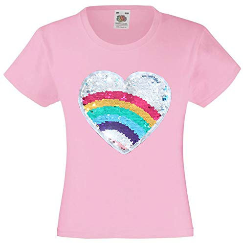 T-shirt à paillettes multicolores pour fille avec motif cœur - Rose - 36