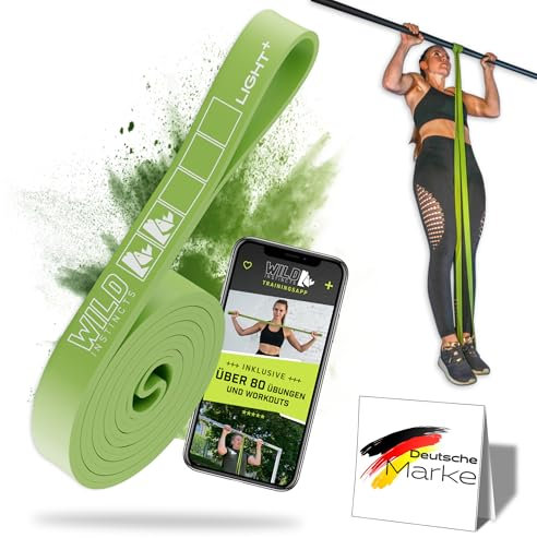 Wild Instincts Pull Up Band Light+ 2,2cm / Band für Klimmzüge, Fitnessbänder Set/Resistance Bands Set/Gummiband Sport/Widerstandsbänder für Crossfit & Stretching +Tasche +Trainings WebApp