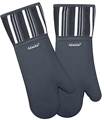 Alselo Silicone Oven Mitts Heat Resistant 550 Degree Extra Long Kitchen Gloves Pot Holders with Waterproof and Non-Silp for Baking Cooking Barbecue Microwave Machine Washable (Extra Long Grey, 2)