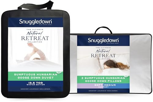 Snuggledown Hungarian Goose Down King Size Duvet - 13.5 Tog Warm Winter Premium Quilt Ideal for Cold & Chilly Nights, 2 Soft Pillows - Jacquard Cotton Cover, Machine Washable, Size (225cm x 220cm)