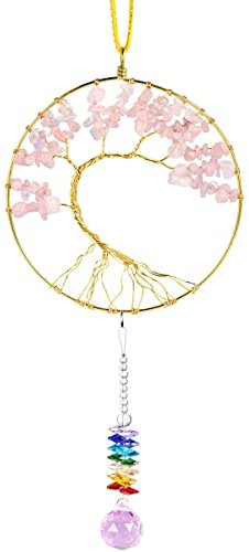 Nupuyai 44cm Quartz Rose Naturelle Capteur de Soleil à Suspendre de Arbre de Vie pour Mur, Ornement Suspendu en Pierre Semi Précieuse pour Fenêtre Jardin Arc-en-Ciel Fabricant Décor de Maison