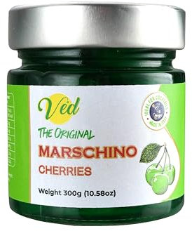 Ved Gourmet Original Grüne Maraschino-Kirschen – Italienische Kirsche für Old Fashioned Cocktails, Veganer Cocktail, Bourbon-Kirschen in natürlichem Sirup zum Cocktail-Topping (300-g-Glas (1er-Pack))