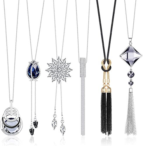 LOLIAS 6 PCS Long Pendentif Colliers pour Femmes Filles Strass Fleur Gland Collier Brins Y Simple Colliers Chandail Chaîne Déclaration Collier Ensemble Argent