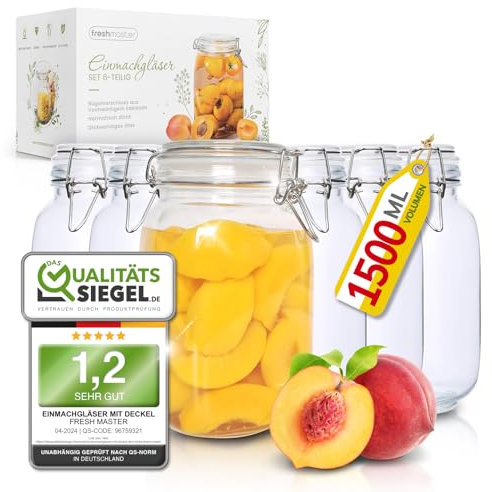 freshmaster Gläser mit Bügelverschluss - Set aus bruchsicherem Glas mit Spezialdichtung und Edelstahl Bügelverschluss - Vorratsgläser Gläser Set (6 x 1500ml)