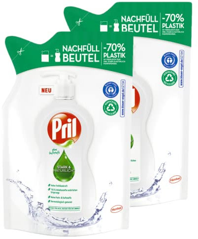Pril Forte & Natural, detersivo per piatti senza profumi (2 x 420 ml), detersivo delicato con elevata capacità sgrassante, sacchetto di ricarica per detersivo, certificato Blauer Engel