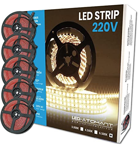 LED ATOMANT Pack 5x Rollo de 5 metros de Tira de Luz LED Directa a 220v, 12W/m, Color Blanco Frio (6500K), Impermeable (IP65), Corte cada 10cm