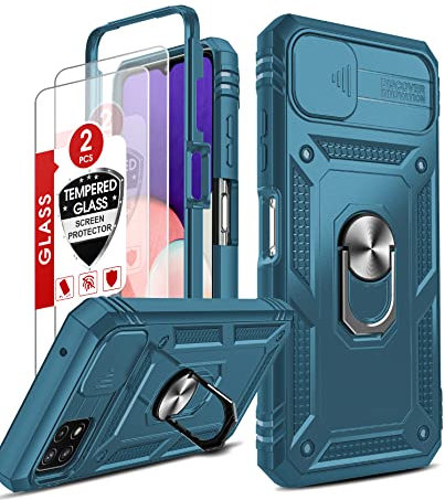 LeYi Kameraschutz Hülle für Samsung Galaxy A22 5G & 2 Schutzglas Folie, Kameraschieber Schutzhülle Militärische Rüstung Ringhalter Case Kamera Klappe Protective Handyhülle Handy Hüllen Blau/Grün