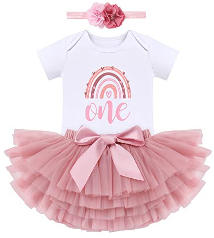 FYMNSI Baby Mädchen Boho Regenbogen 1. Geburtstag Outfit Baumowlle Kurzarm Strampler Body Tütü Tüll Rock Blumen Stirnband Erster Geburtstag 1 Jahr Alt Party Fotoshooting Bekleidungsset Dunkelrosa