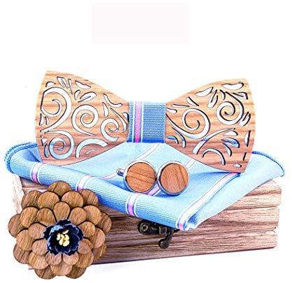HZQIFEI Noeud Papillon Bois, Ensemble 4 Pièces Noeud Papillon en Bois + Boutons de manchette + Broche + Carré de Poche, Accessoire Mode (Style#21)