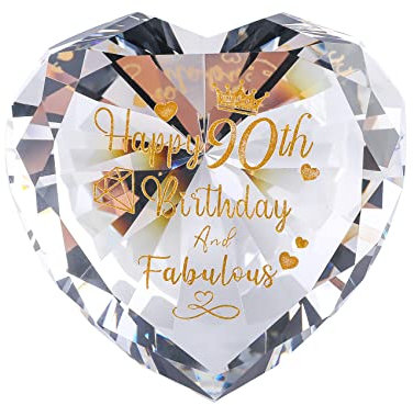 Ornalrist 90th Birthday Gifts for Women, Heart Crystal Keepsake Engraved with Golden Blessings Happy 90th Birthday and Fabulous Glass Presents for Nan Mum Friends