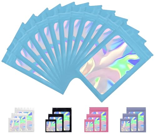 Rimiko 50 Piezas de Bolsa Aluminio Resellable, Bolsa Mylar Hermética para Alimentos, Bolsas Planas Ziplock con Ventana Transparente para el Embalaje de Productos (Azul y Holográfico, 9x16cm)